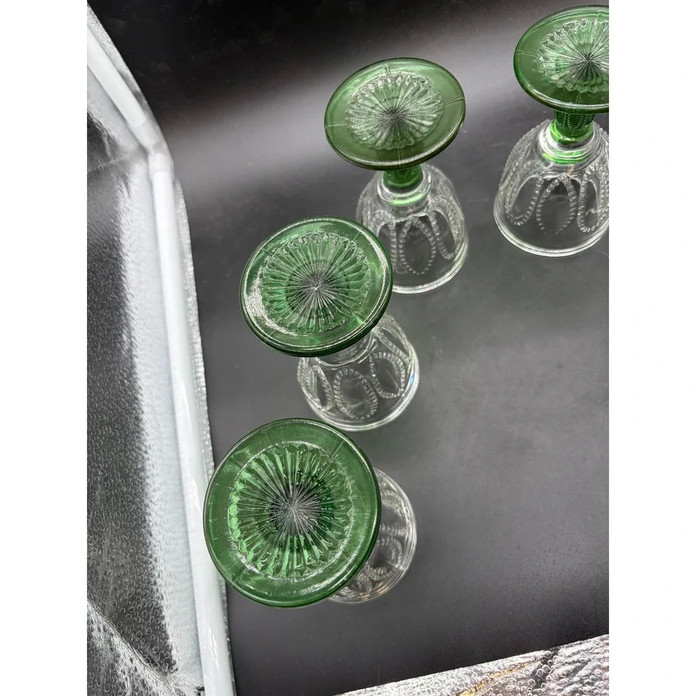Vintage‎ Pressed Glass Juice Cordial Glasses Green Stem Beaded Swag Set of 6